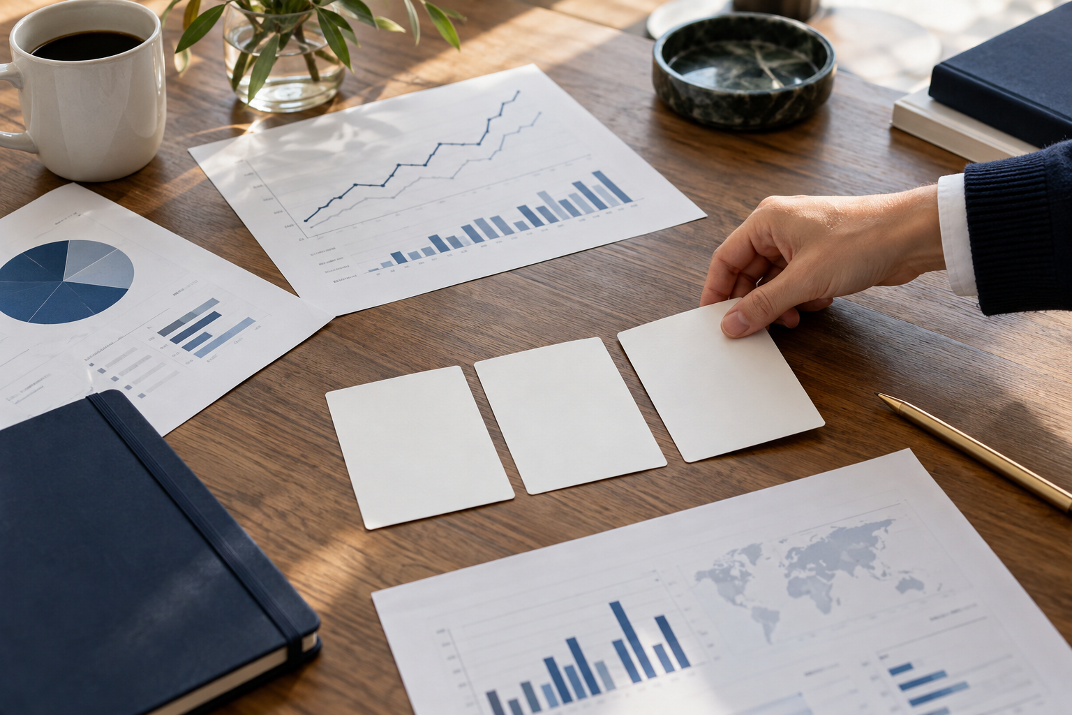 Financial charts and three planning cards being arranged for scenario analysis.