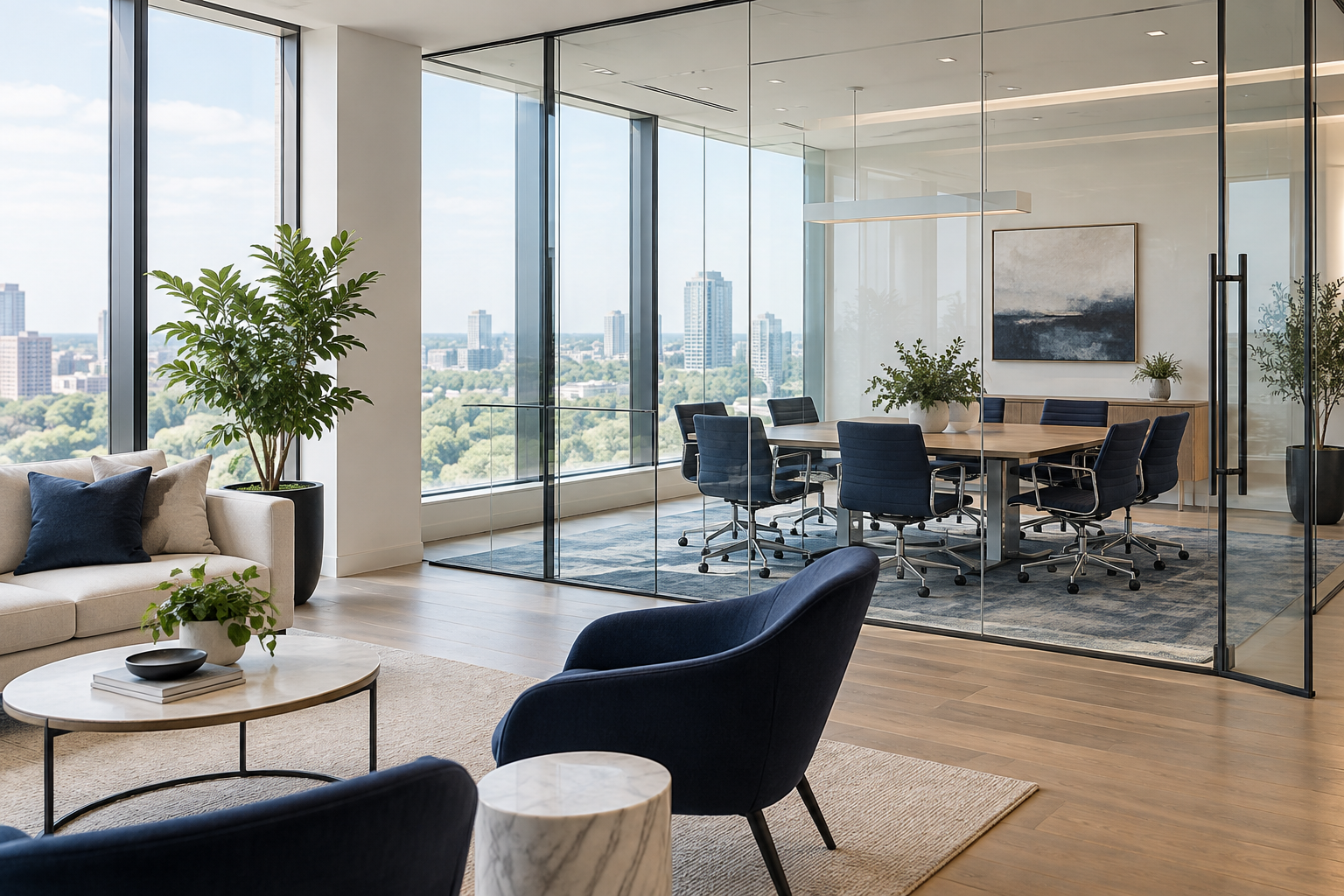 Bright professional office with a glass meeting room and navy chairs.