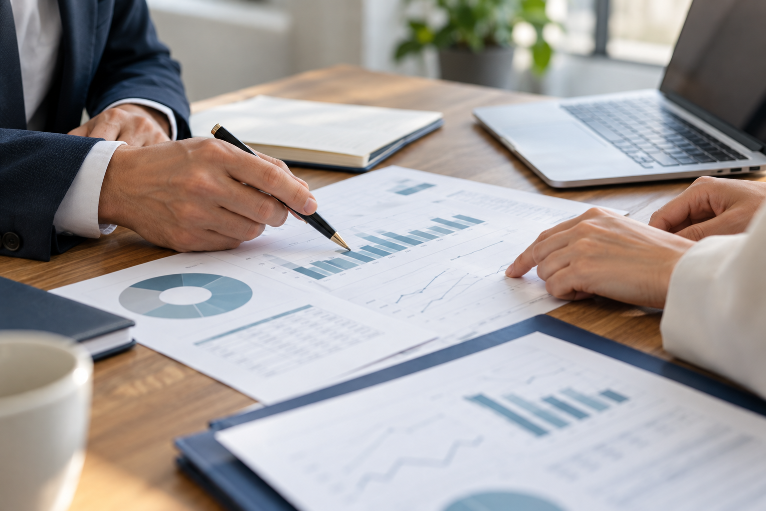 Hands reviewing financial charts together at a meeting table.