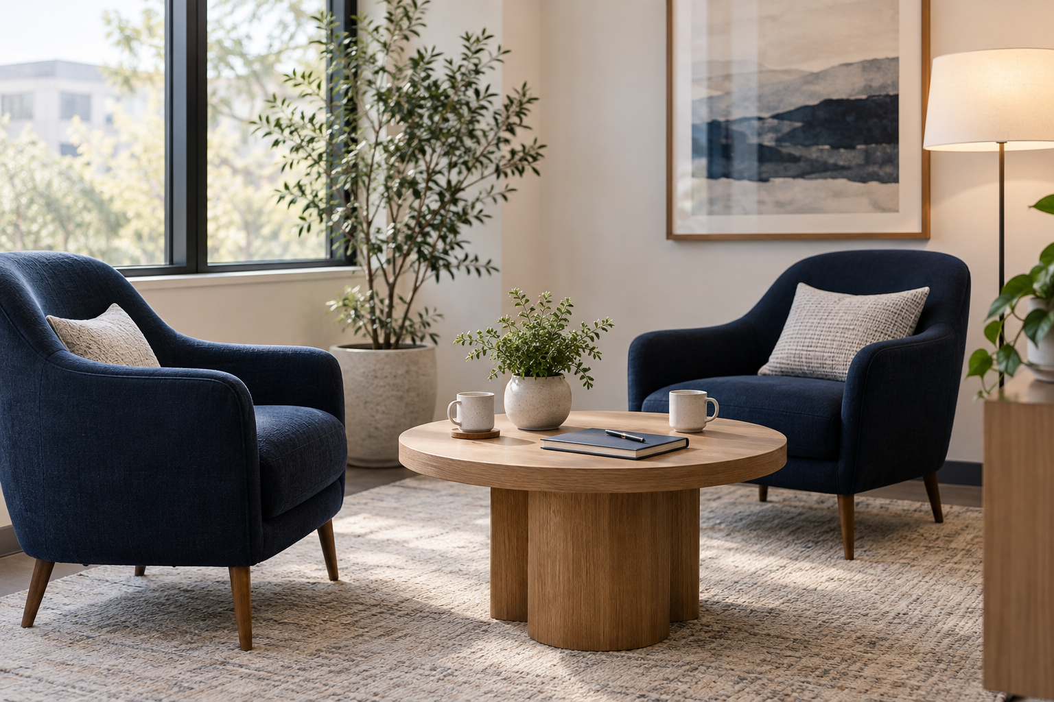 Two navy chairs and a round table in a welcoming meeting space.