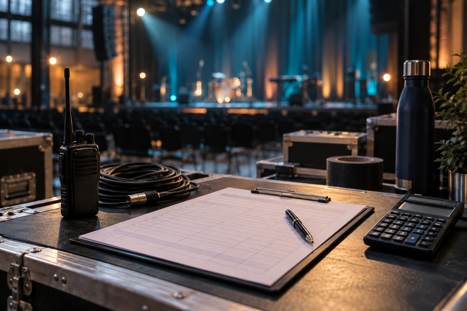 Radio, cables, production schedule and calculator overlooking an empty stage.