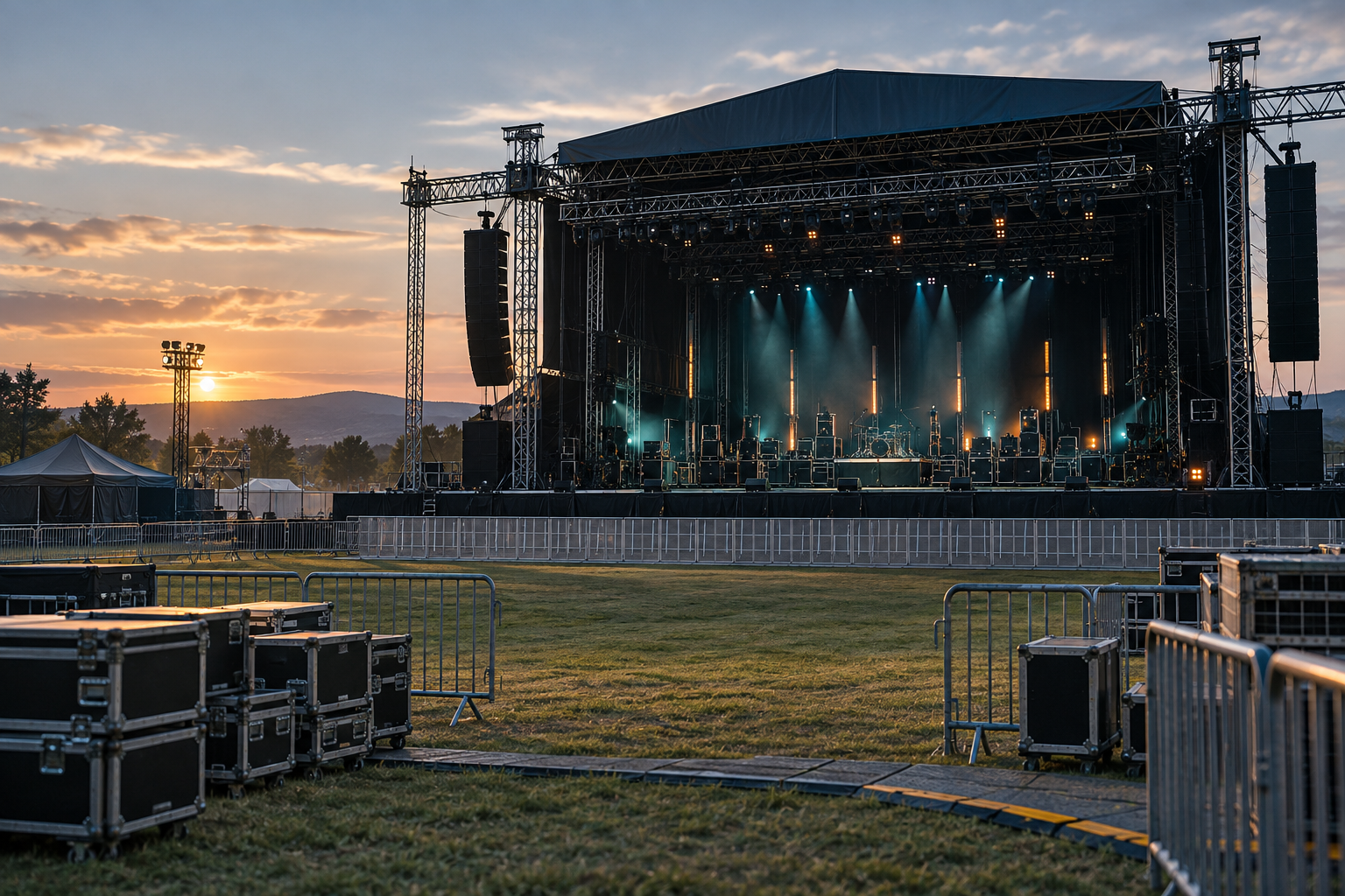 Outdoor festival stage and production equipment at sunset before the event opens.