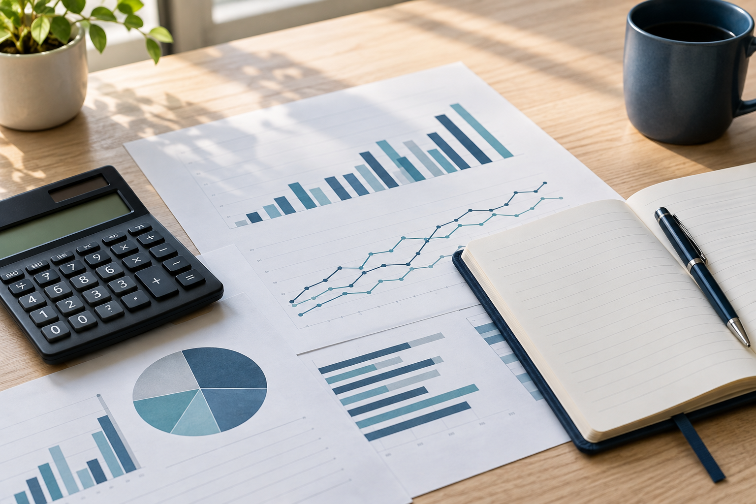 Calculator, notebook and financial charts arranged on a desk.