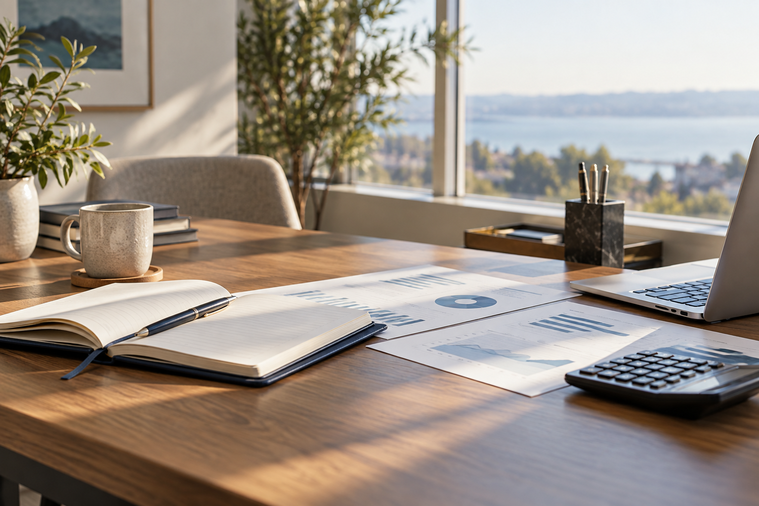 Notebook, financial charts, calculator and laptop on a sunlit desk.