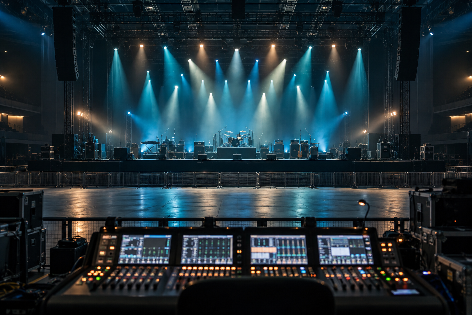 Production console overlooking an empty stage with blue and warm white lighting.