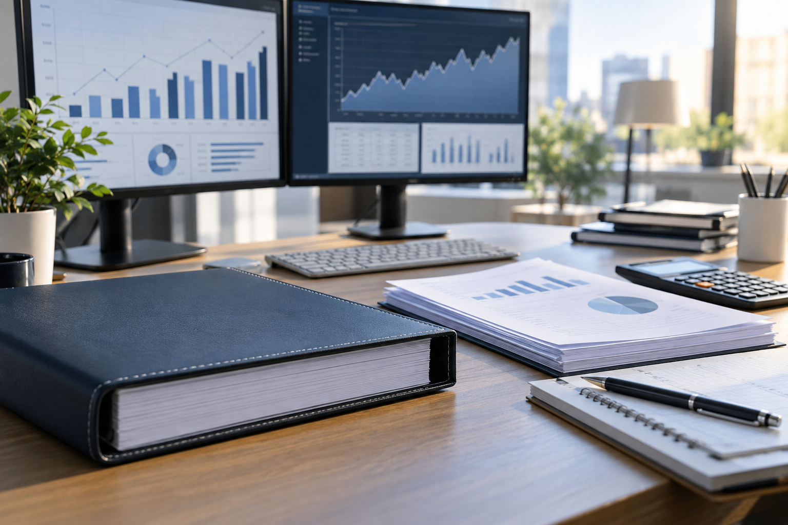 Ledger binder, financial reports and monitors on an orderly accounting desk.